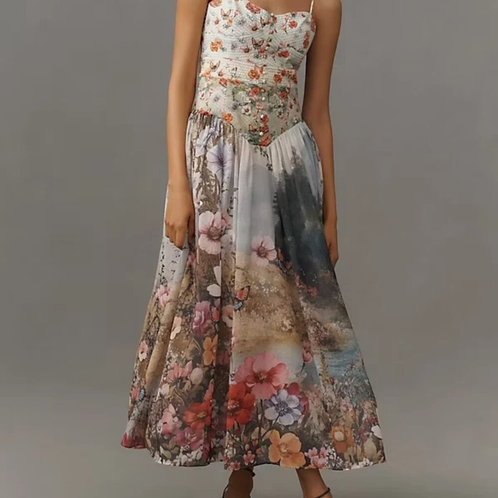 New Anthropologie The Muse Basque-Waist Midi Dress NWT - Picture 2 of 12